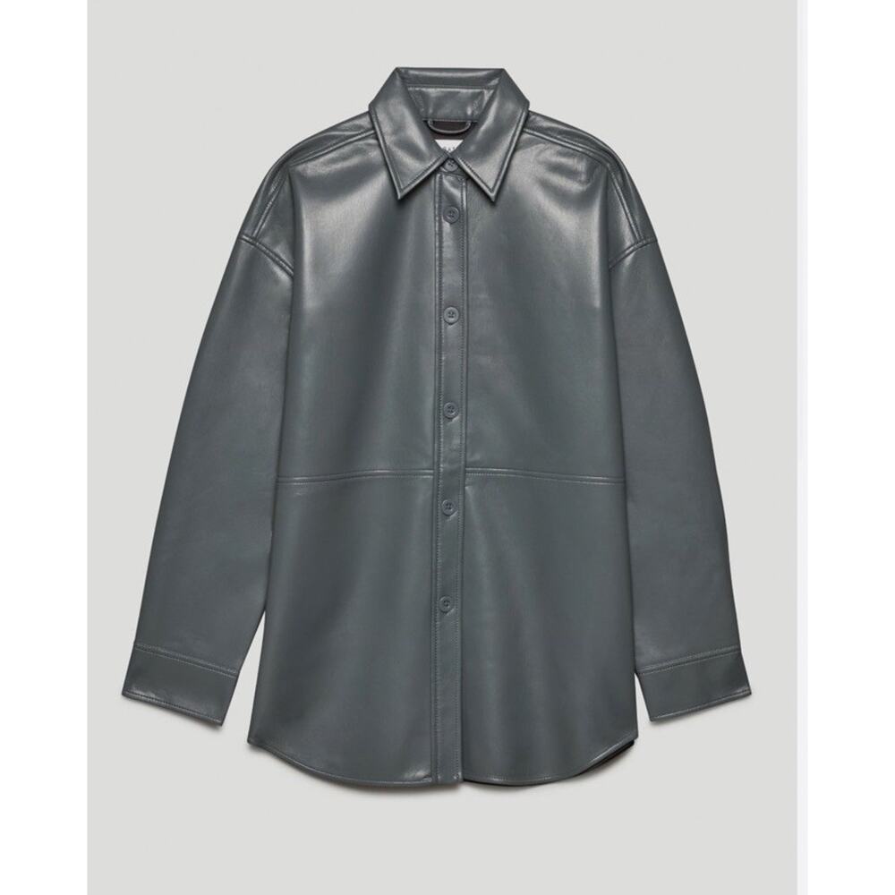 Aritzia BABATON Pelli Hip Blue Grey Vegan Leather Cropped Shirt Jacket, Size XS